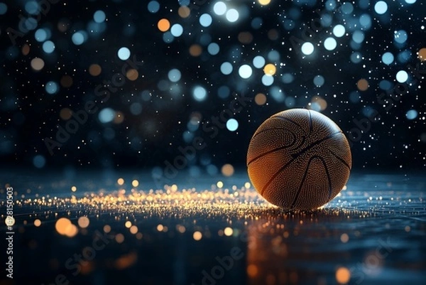 Obraz A basketball is depicted in a futuristic 3D rendering, surrounded by glowing energy lines and suspended within a high-tech virtual environment