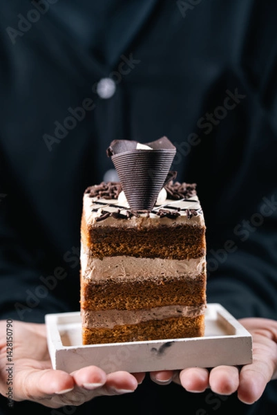 Obraz A Slice Of Cake Topped With Chocolate On Top With An Elegant Background Looks Aesthetic And Very Appetizing.