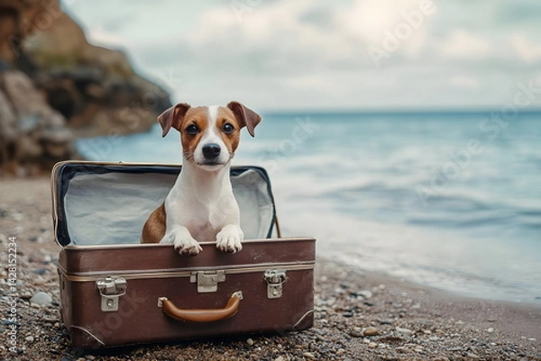 Fototapeta Adventurous Dog Suitcase Beach Relaxing Nature Scenery Playful Summer Travel