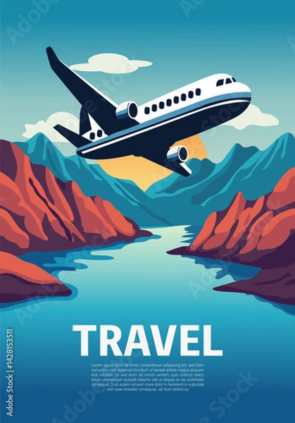 Fototapeta Travel posters with airplane, mountains and clouds.