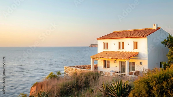 Obraz Luxury houses along Italian coast offer a breathtaking panoramic view of sparkling Mediterranean Sea, with warm sun casting a golden glow during a tranquil summer sunset, creating an idyllic and seren
