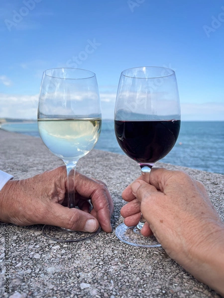 Fototapeta Two hands holding glasses of red and white wine with sea ocean view clouds reflected in wine  warm summer spring sunshine blue sky