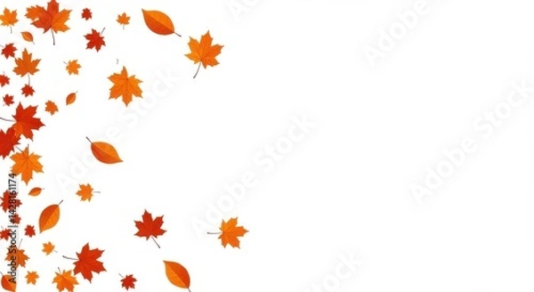 Fototapeta Autumnal leaves scattered on a white background with vibrant orange and red color palette displayed
