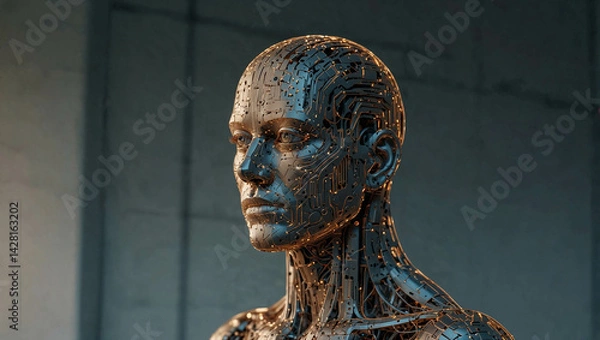 Fototapeta Minimal head silhouette made of circuit lines. Against a light backdrop, representing artificial intelligence or human-tech fusion. Copy space.