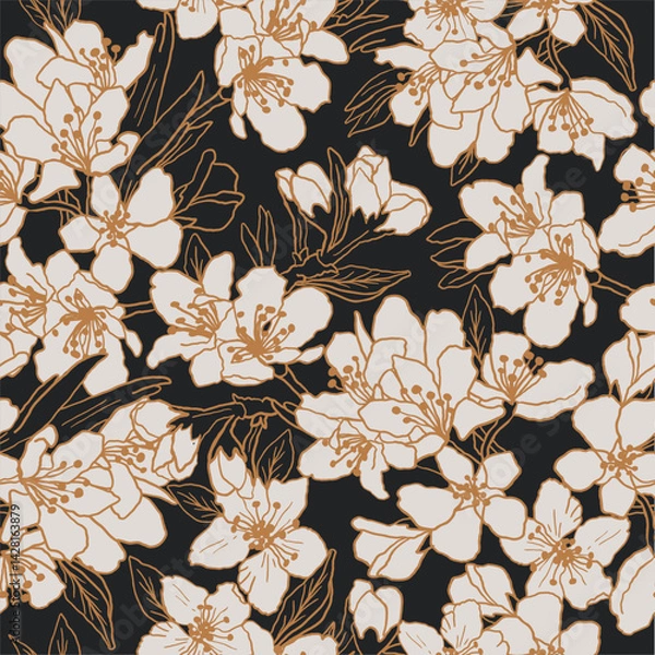 Obraz Hand drawn linear floral background. Fabric and surface pattern design with sakura flowers. Vector seamless pattern. Apple tree and cherry blossom decorative allover print.