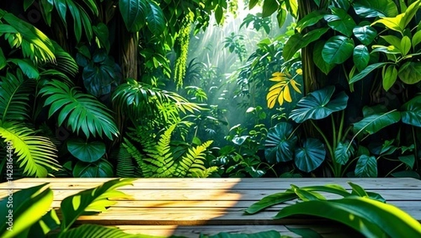 Obraz Table top wood counter floor podium in nature outdoors tropical forest garden blurred green jungle plant background.natural product present placement pedestal stand display,