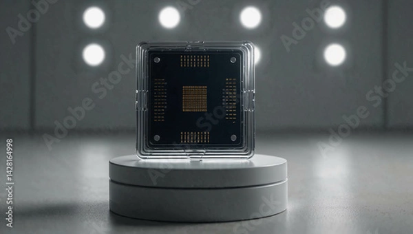 Fototapeta Single microchip placed on a white pedestal. Clean, bright background. A spotlight emphasizes the chip, representing the core of modern tech. Copy space.