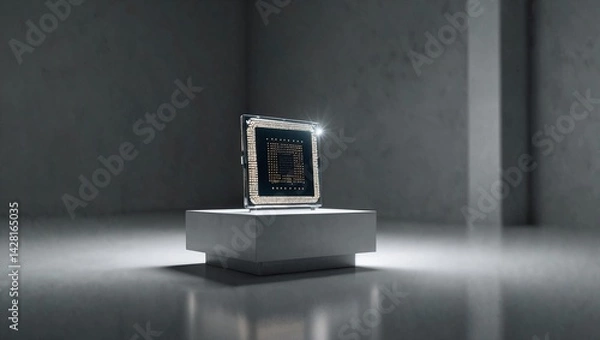 Fototapeta Single microchip placed on a white pedestal. Clean, bright background. A spotlight emphasizes the chip, representing the core of modern tech. Copy space.