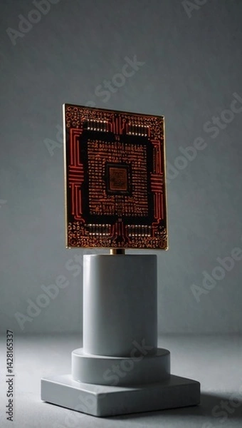 Fototapeta Single microchip placed on a white pedestal. Clean, bright background. A spotlight emphasizes the chip, representing the core of modern tech. Copy space.