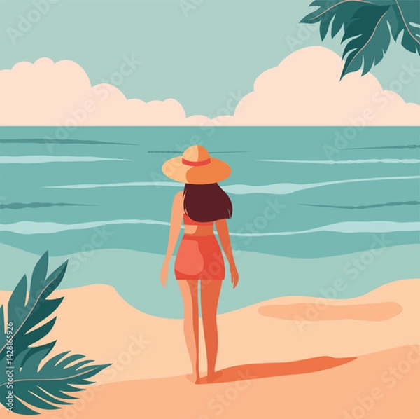 Obraz Summer holidays. Woman girl on vacation on the beach in a swimsuit and hat. Back view woman. Sea, sky, sandy shore. Vector illustration for tourism and summer projects