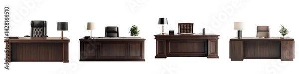 Fototapeta A collection of elegant, professional office furniture and decor. long_title:A set of stylish, wooden office desks, chairs, and accessories arranged in a