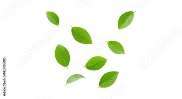 Fototapeta Scattered green leaves on a white background creating a minimalist and natural composition for design use