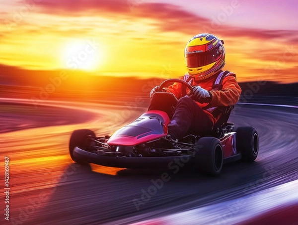 Fototapeta Go-kart racing at sunset on a winding track