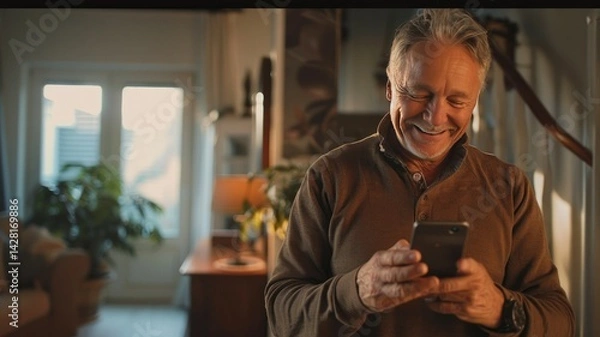 Fototapeta A smiling elderly man interacting with his smartphone in a cozy home.