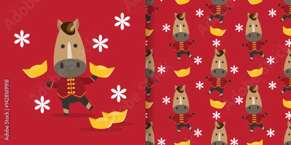 Fototapeta Chinese New year seamless pattern of a cute horse wearing a red Chinese costume holding a gold nugget on red background with white flowers.
