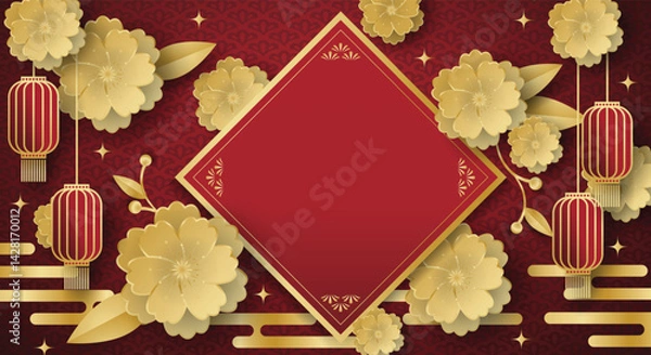 Fototapeta Chinese festival banner with red lanterns hanging on flowers with golden frame for your copy space on red pattern background. Design for Chinese New Year, Lunar new year, Mid-autumn festival.