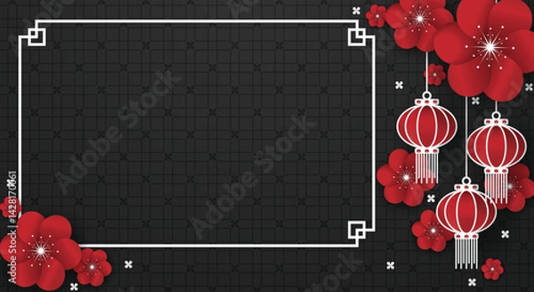 Fototapeta Chinese festival banner with red lanterns hanging on flowers with white frame for your copy space on black pattern background. Design for Chinese New Year, Lunar new year, Mid-autumn festival.