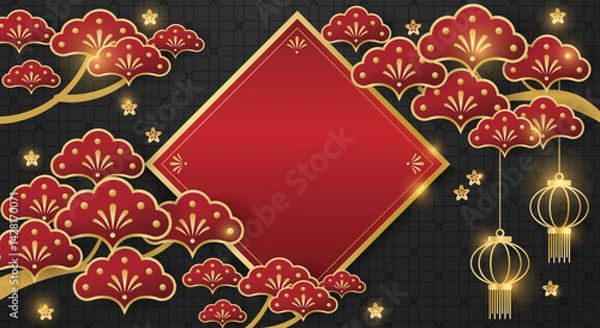 Fototapeta Chinese festival banner with gold lanterns hanging on tree branches with red frame for your copy space with falling flowers. Design for Chinese New Year, Lunar new year, Mid-autumn festival.