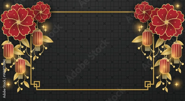 Fototapeta Chinese festival banner with red lanterns hanging on flowers with white frame for your copy space on black pattern background. Design for Chinese New Year, Lunar new year, Mid-autumn festival.