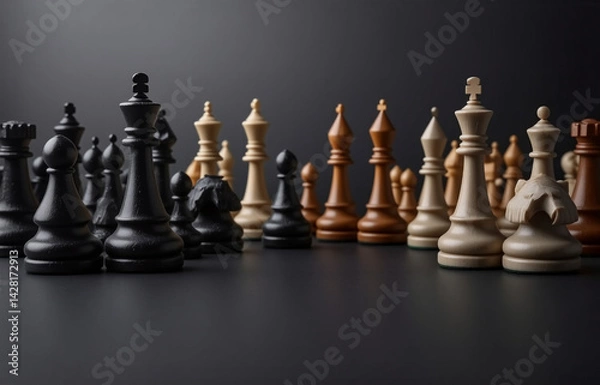 Fototapeta A chess set arranged on a dark surface, ready for a strategic game.  The pieces are meticulously positioned, showcasing the contrast between light and dark.