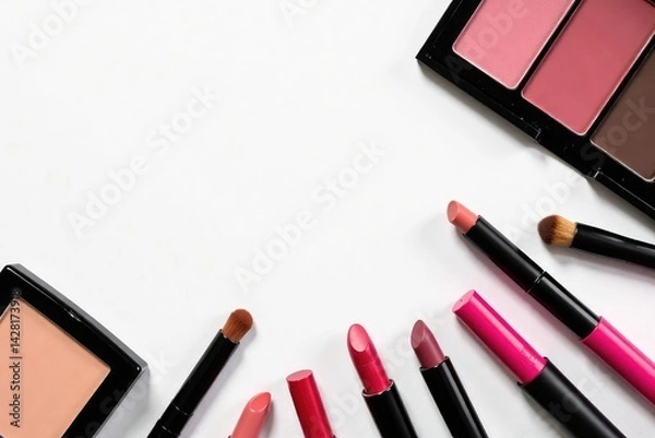 Fototapeta Various makeup items displayed on white backdrop, professional, makeup, image