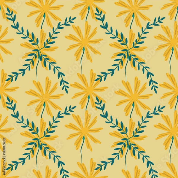 Obraz Collection of vector illustrations, yellow flowers. Field flowering plants. Green leaves.