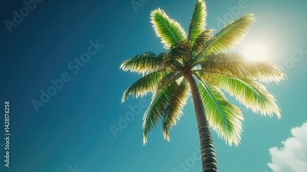 Fototapeta A Coconut Palm Reaching to the Sky Beneath a Deep Blue Backdrop