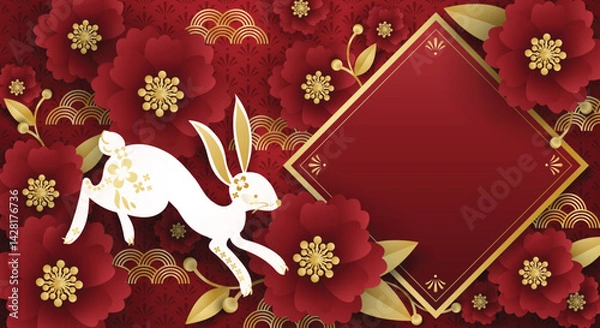 Fototapeta Chinese festival banner with a rabbit with red frame for your copy space on red pattern background with flowers. Design for Chinese New Year, Lunar new year, Mid-autumn festival.