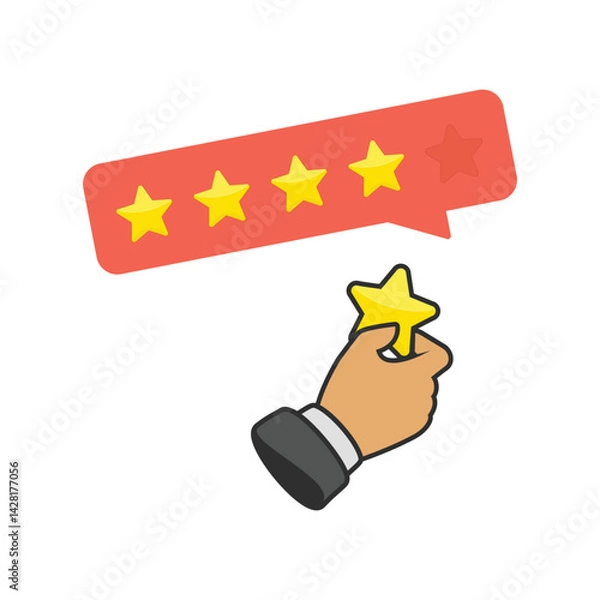 Obraz Hand pointing at one of five stars. Rating, evaluation, success, feedback, review, quality and management concept. Rating assessment illustration concept from 5 stars in flat style.