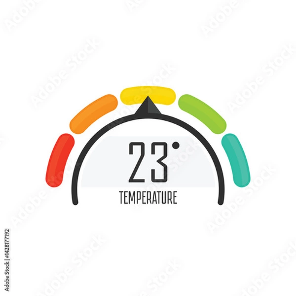 Fototapeta Round temperature gauge, isolated on white background. Colored measuring semicircle scale in flat style. Template of circle barometer or indicator. Vector illustration EPS 10.