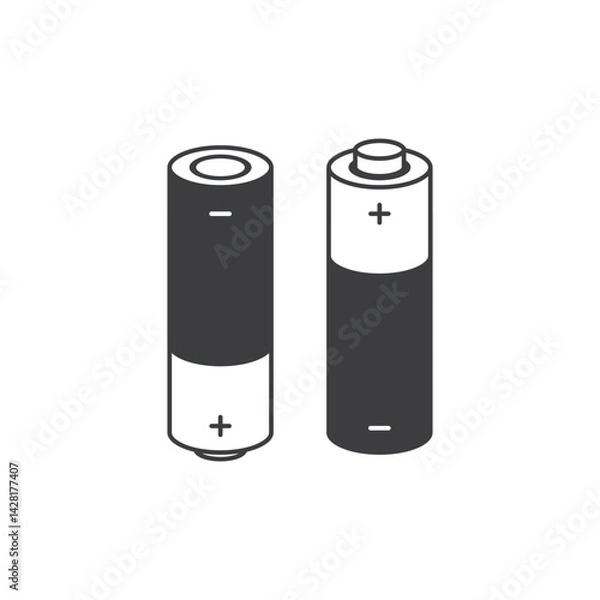 Fototapeta Minimal vector icon of two AA batteries with positive and negative terminals. Simple black and white design, perfect for tech, energy, and electronics themes.