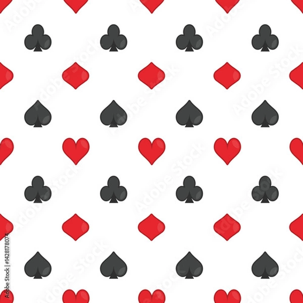 Obraz Seamless pattern of playing card suits spades, hearts, diamonds, and clubs. Red and black symbols on a white background. Ideal for casino, poker, and gambling themed designs.