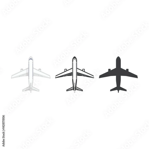 Obraz A set of airplane icons viewed from above. Three variations detailed, outlined, and solid black. Represents aviation, travel, flights, and transportation.