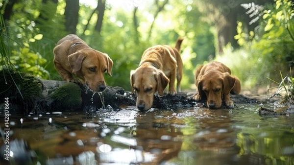 Fototapeta Three dogs drinking from a serene, sunlit stream in nature.