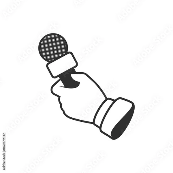 Obraz Hand holding microphone icon. Journalism, live news or reporters interviews concept. Mic in hands of man.
