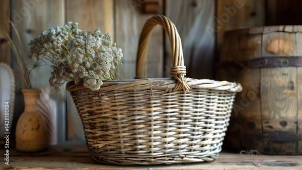 Fototapeta A rustic wicker basket with dried flowers sits against a wooden background.