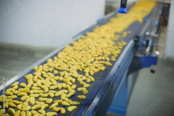 Obraz Breaded chicken production line in food factory  automated conveyor belt system in industrial food processing plant