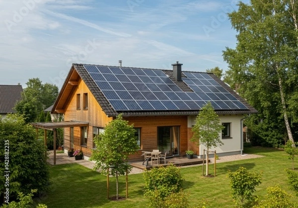 Fototapeta Solar-powered home amidst green surroundings.