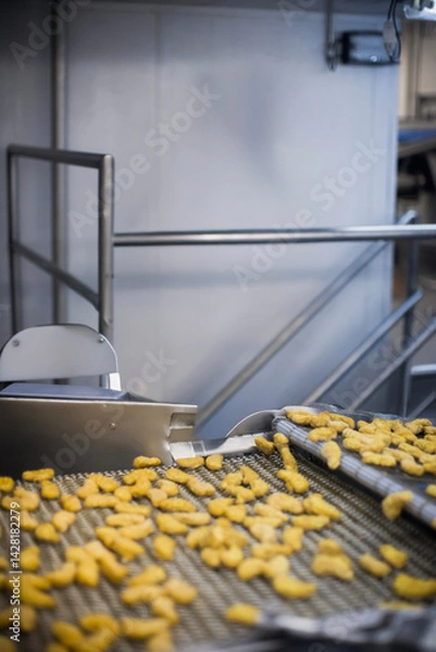 Fototapeta Breaded chicken production line in food factory  automated conveyor belt system in industrial food processing plant