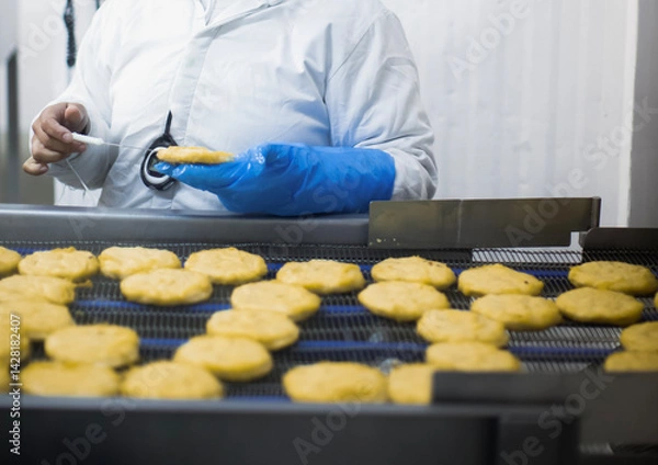 Fototapeta Breaded chicken production line in food factory  automated conveyor belt system in industrial food processing plant