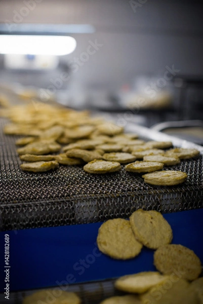 Fototapeta Breaded chicken production line in food factory  automated conveyor belt system in industrial food processing plant