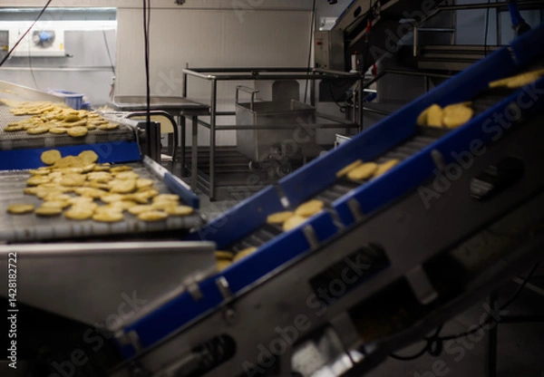 Fototapeta Breaded chicken production line in food factory  automated conveyor belt system in industrial food processing plant