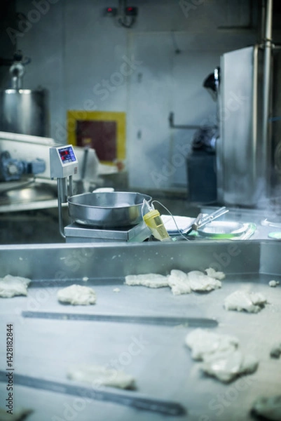 Fototapeta Breaded chicken production line in food factory  automated conveyor belt system in industrial food processing plant