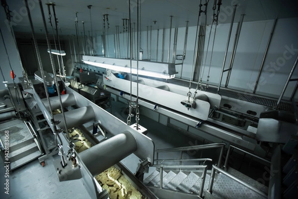 Fototapeta Breaded chicken production line in food factory  automated conveyor belt system in industrial food processing plant