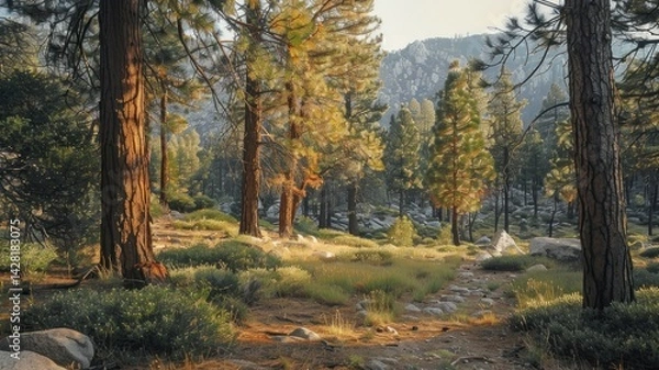 Fototapeta A serene forest path surrounded by sunlight and tall trees.