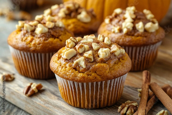 Fototapeta Soft pumpkin muffins with nuts and cinnamon exuding the aroma of autumn, against the background of warm wooden boards