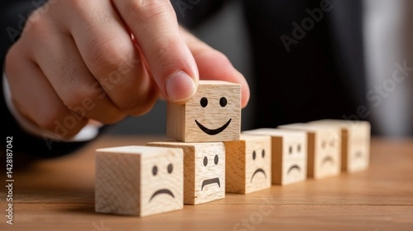 Obraz A hand places a smiling block on top of several blocks with various facial expressions, symbolizing emotional well-being and positivity in a workplace or personal context.