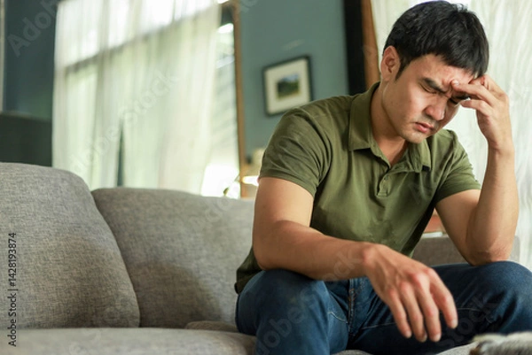 Fototapeta domestic,sad serious illness man.depressed emotion panic attacks alone sick people fear stressful crying.stop abusing violence,help person with health anxiety,thinking bad frustrated exhausted