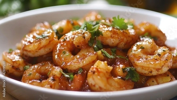 Obraz Shrimp dish in a white bowl garnished with green herbs close up.