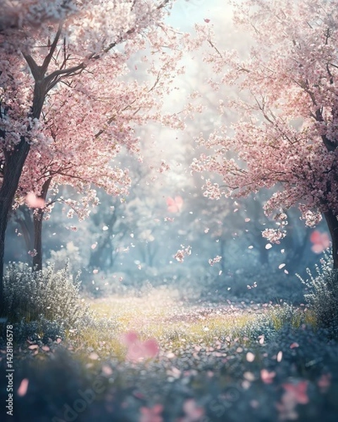 Fototapeta blossom trees Blossoming cherry trees in soft sunlight.